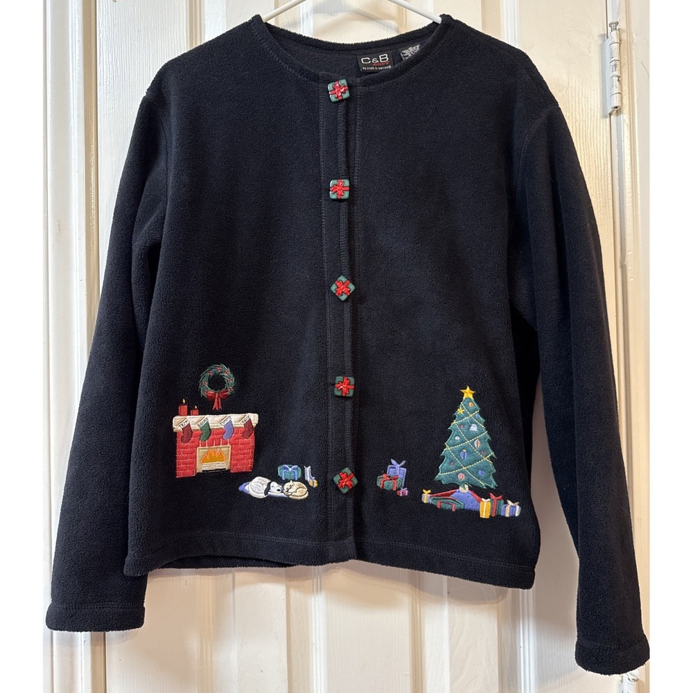 Vintage Croft Barrow Sweater Ugly Christmas Cardigan Cat Dog Tree Fire Present M
